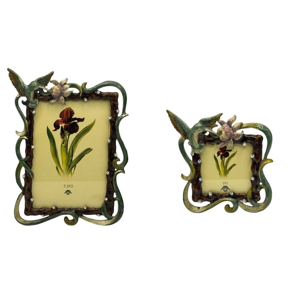 Set of 2 Vintage Style Ornate Enamel Hummingbird Flower Photo Frame 3.5x5 & 2x2